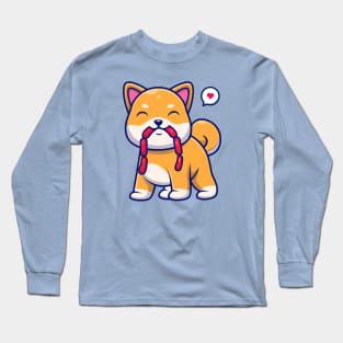 Cute Shiba Inu Eating Sausage Cartoon Long Sleeve T-Shirt